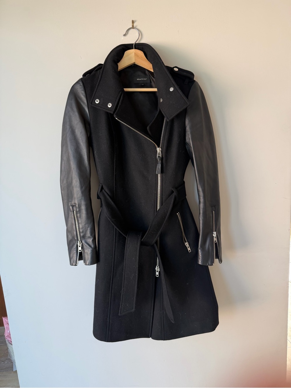 Mackage Small Wool Blend Black Trench Coat with Leather Sleeves